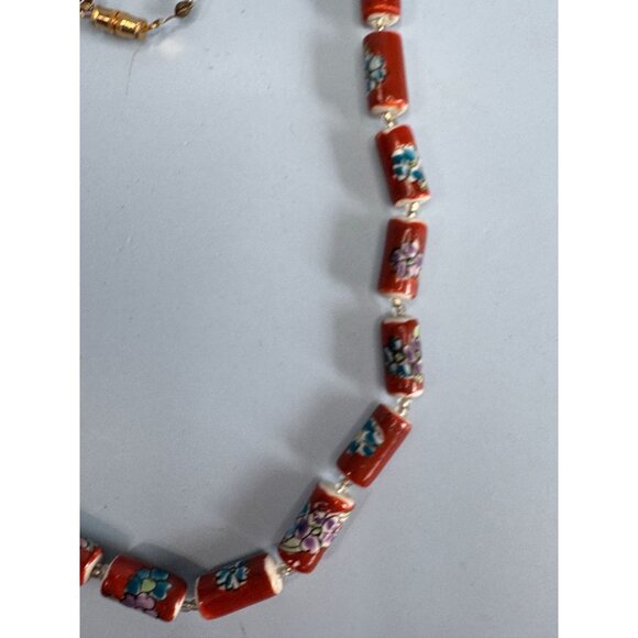 Vintage Chinese Cloisonne Floral Glass Bead Necklace With Barrel Clasp 22" Red M - Picture 8 of 9